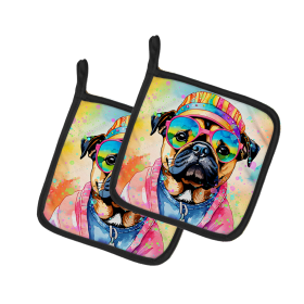 Hippie Dawg Pair of Pot Holders (Design: Pug 2544, size: 7.5HX7.5W)