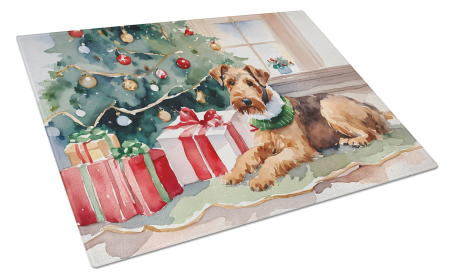 Cozy Christmas Glass Cutting Board (Dog Breed: Airedale Terrier 2588, size: large)