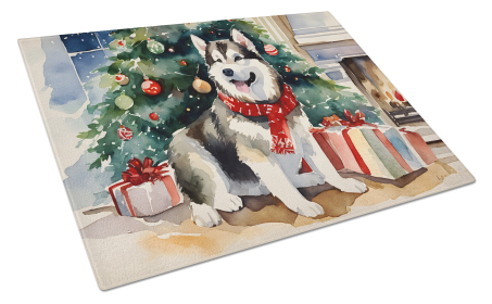 Cozy Christmas Glass Cutting Board (Dog Breed: Alaskan Malamute 2593, size: large)