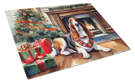 Cozy Christmas Glass Cutting Board (Dog Breed: Basset Hound 2603, size: large)