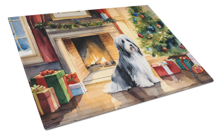 Cozy Christmas Glass Cutting Board (Dog Breed: Bearded Collie 2605, size: large)
