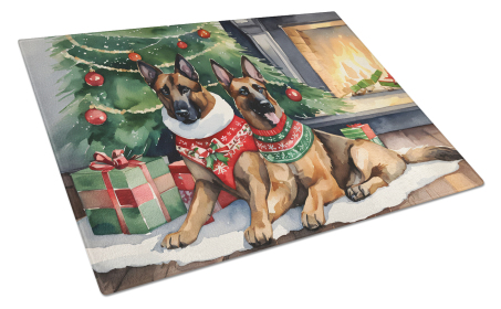 Cozy Christmas Glass Cutting Board (Dog Breed: Belgian Malinois 2606, size: large)