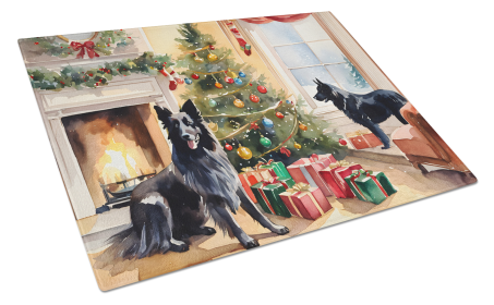 Cozy Christmas Glass Cutting Board (Dog Breed: Belgian Sheepdog 2608, size: large)