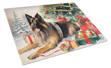 Cozy Christmas Glass Cutting Board (Dog Breed: Belgian Tervuren 2609, size: large)