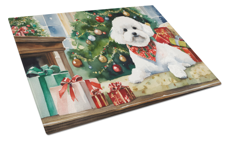 Cozy Christmas Glass Cutting Board (Dog Breed: Bichon Frise 2611, size: large)