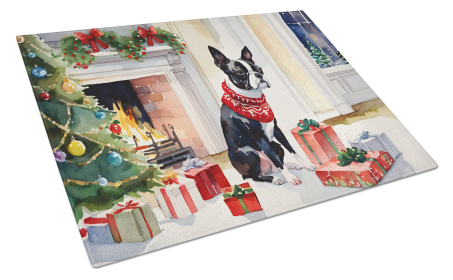Cozy Christmas Glass Cutting Board (Dog Breed: Boston Terrier 2618, size: large)