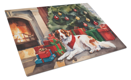 Cozy Christmas Glass Cutting Board (Dog Breed: Brittany 2622, size: large)