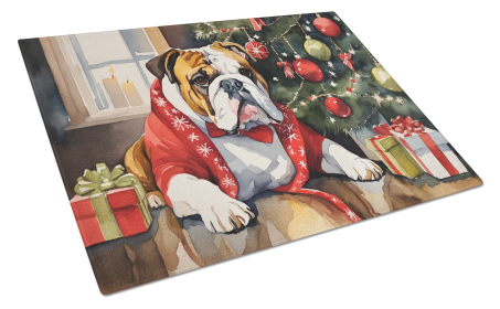 Cozy Christmas Glass Cutting Board (Dog Breed: English Bulldog 2649, size: large)