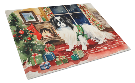 Cozy Christmas Glass Cutting Board (Dog Breed: Japanese Chin 2683, size: large)