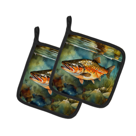 Nautical Collection Pair of Pot Holders (Design: Brook Trout 2780, size: 7.5HX7.5W)