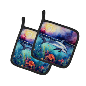 Nautical Collection Pair of Pot Holders (Design: Dolphin 2782, size: 7.5HX7.5W)
