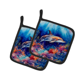 Nautical Collection Pair of Pot Holders (Design: Dolphin 2783, size: 7.5HX7.5W)