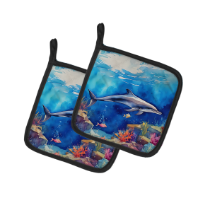 Nautical Collection Pair of Pot Holders (Design: Dolphin 2785, size: 7.5HX7.5W)