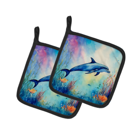 Nautical Collection Pair of Pot Holders (Design: Dolphin 2786, size: 7.5HX7.5W)