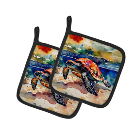 Nautical Collection Pair of Pot Holders (Design: Loggerhead Sea Turtle 2806, size: 7.5HX7.5W)