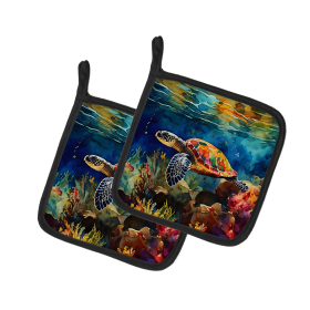 Nautical Collection Pair of Pot Holders (Design: Loggerhead Sea Turtle 2808, size: 7.5HX7.5W)