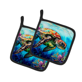 Nautical Collection Pair of Pot Holders (Design: Loggerhead Sea Turtle 2809, size: 7.5HX7.5W)