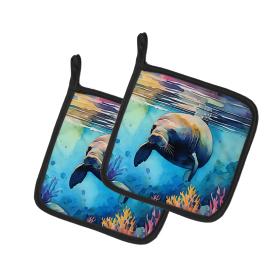 Nautical Collection Pair of Pot Holders (Design: Manatee 2810, size: 7.5HX7.5W)