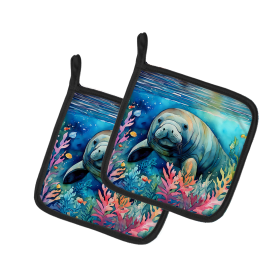 Nautical Collection Pair of Pot Holders (Design: Manatee 2812, size: 7.5HX7.5W)