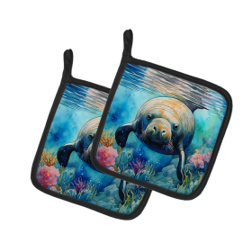 Nautical Collection Pair of Pot Holders (Design: Manatee 2814, size: 7.5HX7.5W)