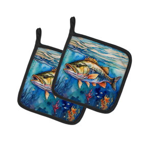 Nautical Collection Pair of Pot Holders (Design: Striped Bass 2833, size: 7.5HX7.5W)
