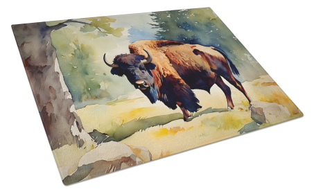 Watercolor Wildlife Glass Cutting Board (Dog Breed: American Bison 2871, size: large)