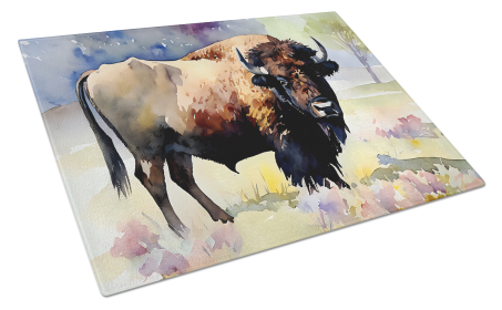 Watercolor Wildlife Glass Cutting Board (Dog Breed: American Bison 2873, size: large)