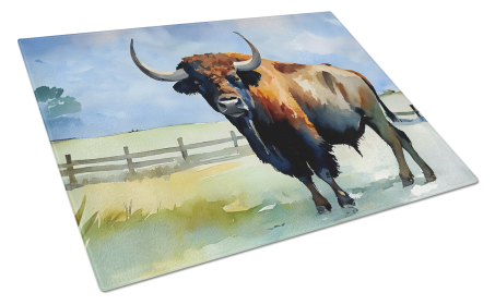 Watercolor Wildlife Glass Cutting Board (Dog Breed: American Bison 2874, size: large)