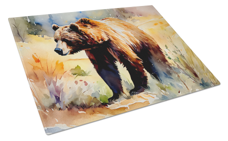 Watercolor Wildlife Glass Cutting Board (Dog Breed: Grizzly Bear 2923, size: large)