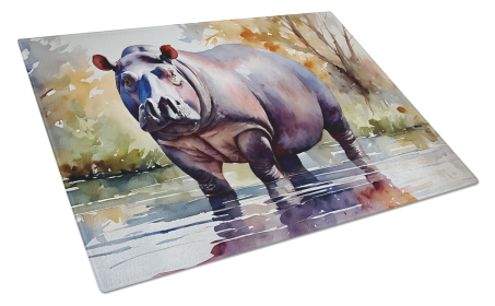 Watercolor Wildlife Glass Cutting Board (Dog Breed: Hippopotamus 2932, size: large)