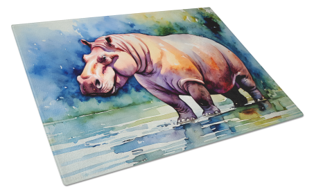 Watercolor Wildlife Glass Cutting Board (Dog Breed: Hippopotamus 2933, size: large)