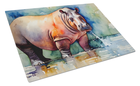 Watercolor Wildlife Glass Cutting Board (Dog Breed: Hippopotamus 2934, size: large)