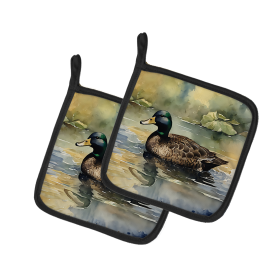 Watercolor Birds Pair of Pot Holders (Design: American Black Duck 3178, size: 7.5HX7.5W)