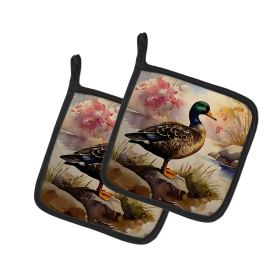 Watercolor Birds Pair of Pot Holders (Design: American Black Duck 3179, size: 7.5HX7.5W)