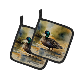 Watercolor Birds Pair of Pot Holders (Design: American Black Duck 3180, size: 7.5HX7.5W)