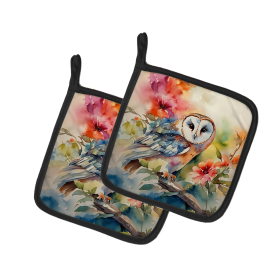 Watercolor Birds Pair of Pot Holders (Design: Barn Owl 3181, size: 7.5HX7.5W)