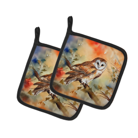 Watercolor Birds Pair of Pot Holders (Design: Barn Owl 3182, size: 7.5HX7.5W)