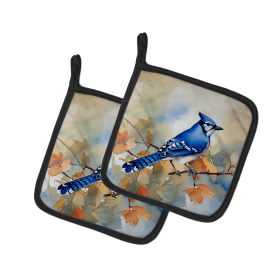 Watercolor Birds Pair of Pot Holders (Design: Blue Jay 3183, size: 7.5HX7.5W)