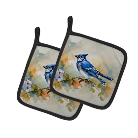 Watercolor Birds Pair of Pot Holders (Design: Blue Jay 3184, size: 7.5HX7.5W)