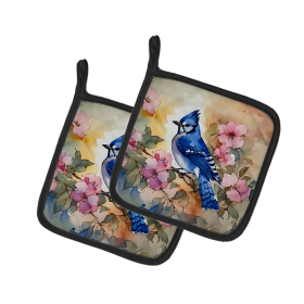 Watercolor Birds Pair of Pot Holders (Design: Blue Jay 3185, size: 7.5HX7.5W)