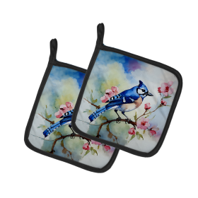 Watercolor Birds Pair of Pot Holders (Design: Blue Jay 3186, size: 7.5HX7.5W)
