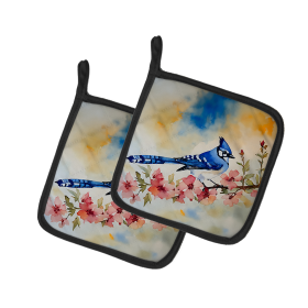 Watercolor Birds Pair of Pot Holders (Design: Blue Jay 3187, size: 7.5HX7.5W)