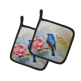 Watercolor Birds Pair of Pot Holders (Design: Bluebird 3188, size: 7.5HX7.5W)