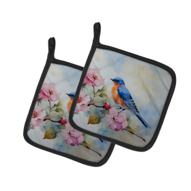 Watercolor Birds Pair of Pot Holders (Design: Bluebird 3189, size: 7.5HX7.5W)