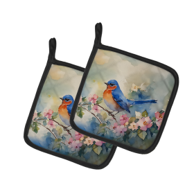 Watercolor Birds Pair of Pot Holders (Design: Bluebird 3190, size: 7.5HX7.5W)