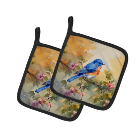 Watercolor Birds Pair of Pot Holders (Design: Bluebird 3191, size: 7.5HX7.5W)