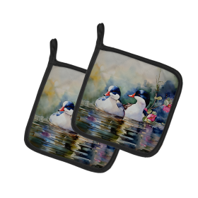 Watercolor Birds Pair of Pot Holders (Design: Bufflehead 3192, size: 7.5HX7.5W)