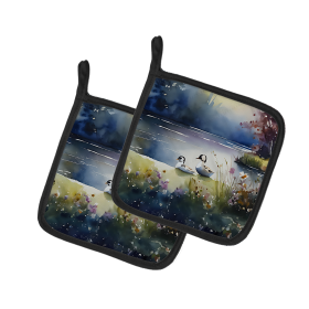 Watercolor Birds Pair of Pot Holders (Design: Bufflehead 3193, size: 7.5HX7.5W)