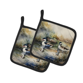 Watercolor Birds Pair of Pot Holders (Design: Bufflehead 3194, size: 7.5HX7.5W)