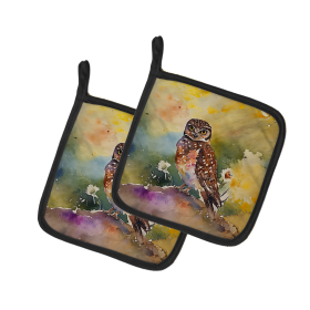 Watercolor Birds Pair of Pot Holders (Design: Burrowing Owl 3195, size: 7.5HX7.5W)